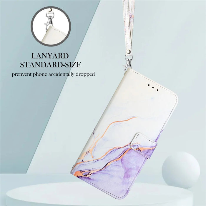 For iPhone 15 Plus Case with Strap Marble Pattern Leather Phone Cover Card Holder - White+Purple LS006 - 4