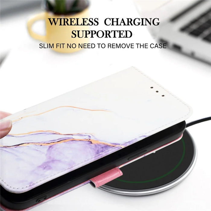 For iPhone 15 Plus Case with Strap Marble Pattern Leather Phone Cover Card Holder - White+Purple LS006 - 6