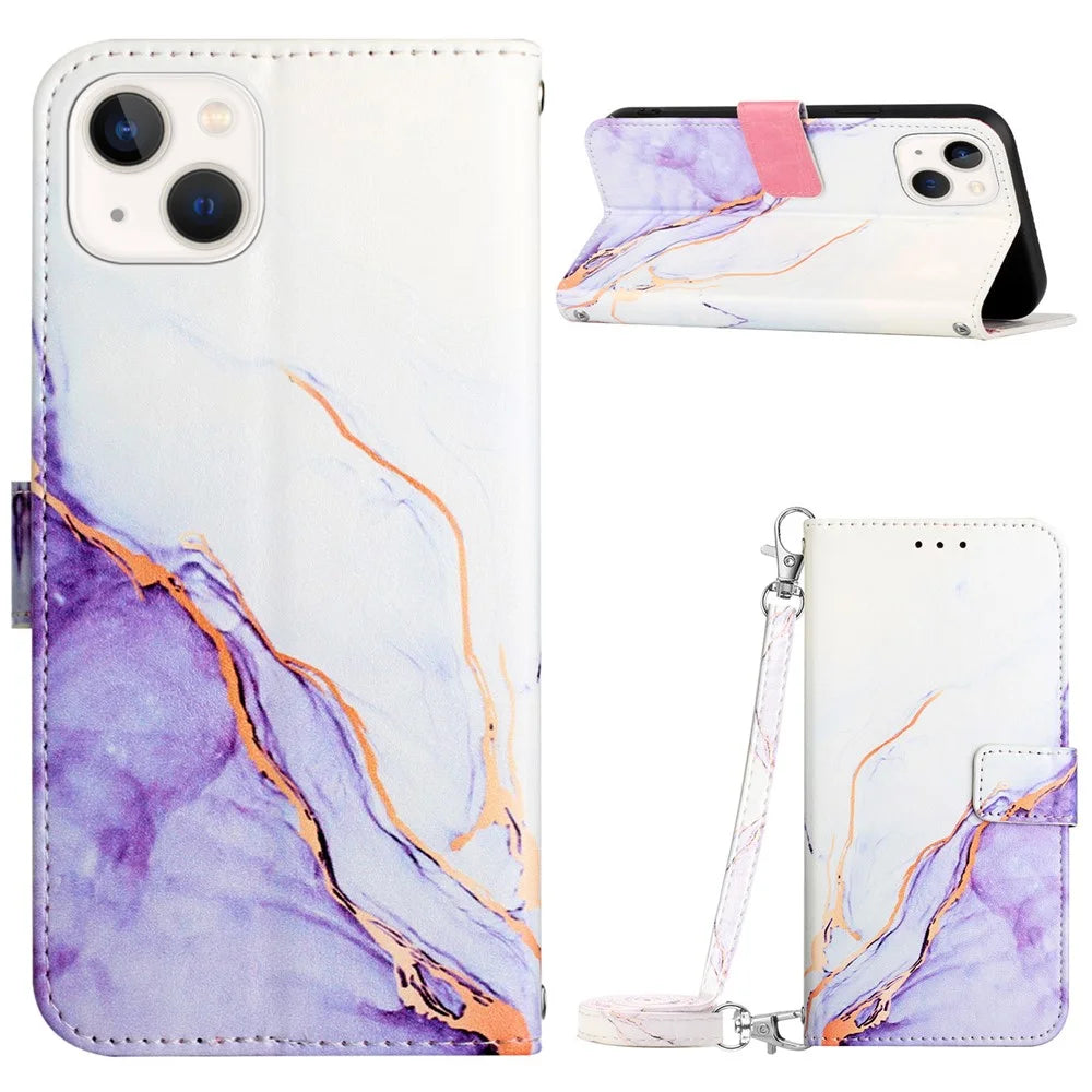 For iPhone 15 Leather Case with Shoulder Strap Marble Pattern Phone Stand Cover - White  /  Purple LS006 - 1