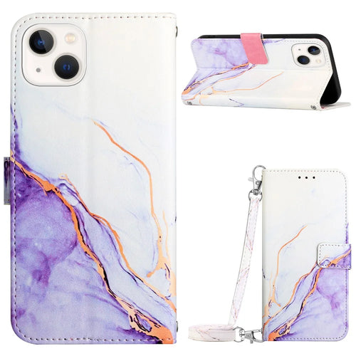 For iPhone 15 Leather Case with Shoulder Strap Marble Pattern Phone Stand Cover - White  /  Purple LS006 - 1