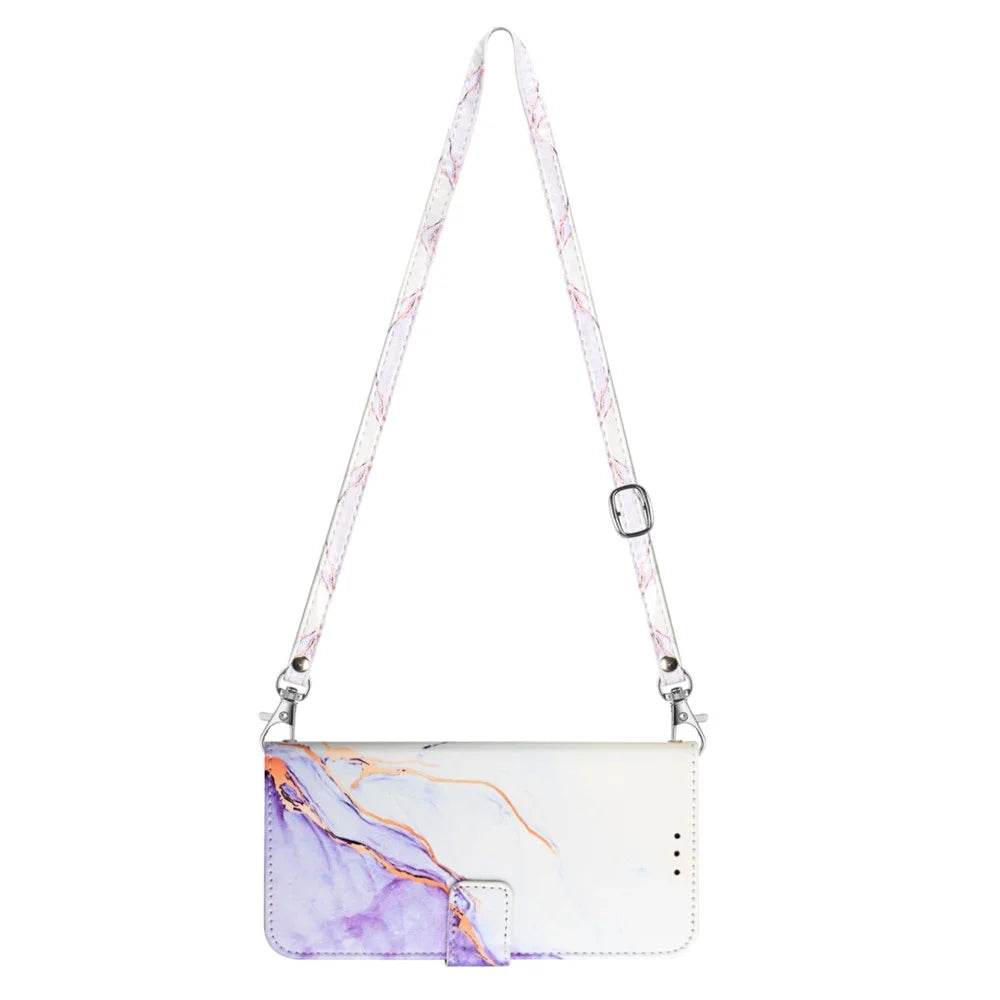 For iPhone 15 Leather Case with Shoulder Strap Marble Pattern Phone Stand Cover - White  /  Purple LS006 - 4