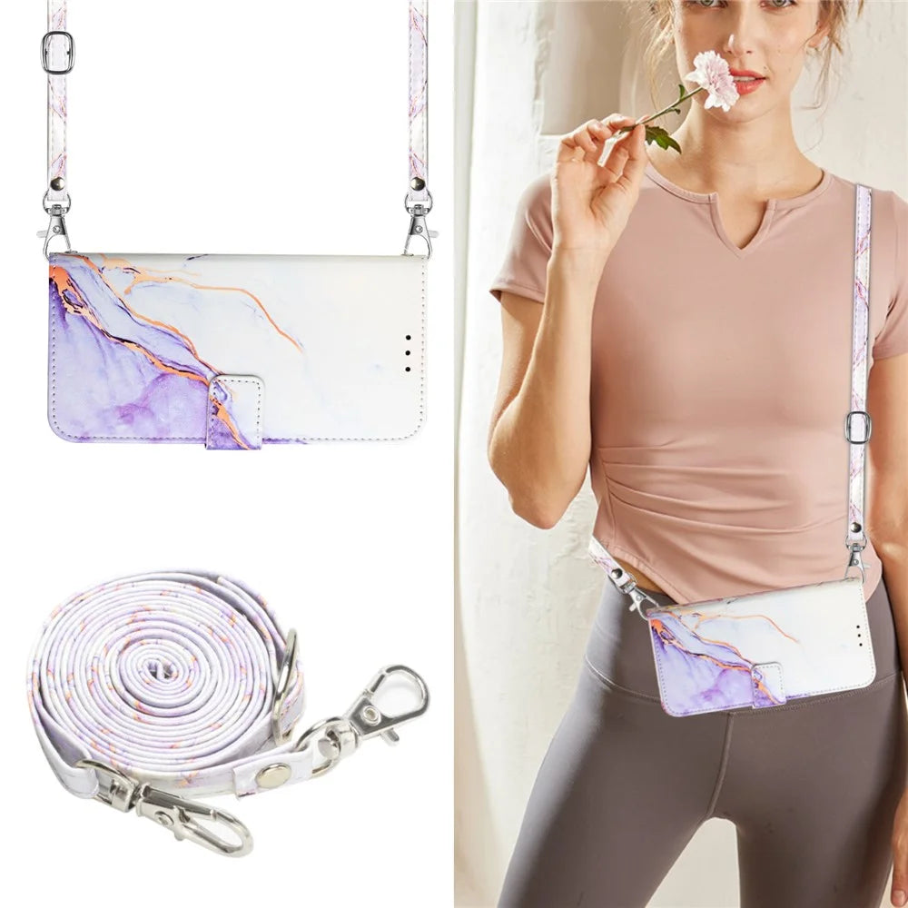 For iPhone 15 Leather Case with Shoulder Strap Marble Pattern Phone Stand Cover - White  /  Purple LS006 - 6