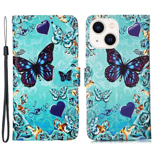 For iPhone 15 Leather Case with Strap and Card Holder Pattern Printing Phone Stand Cover - Butterfly and Heart - 1