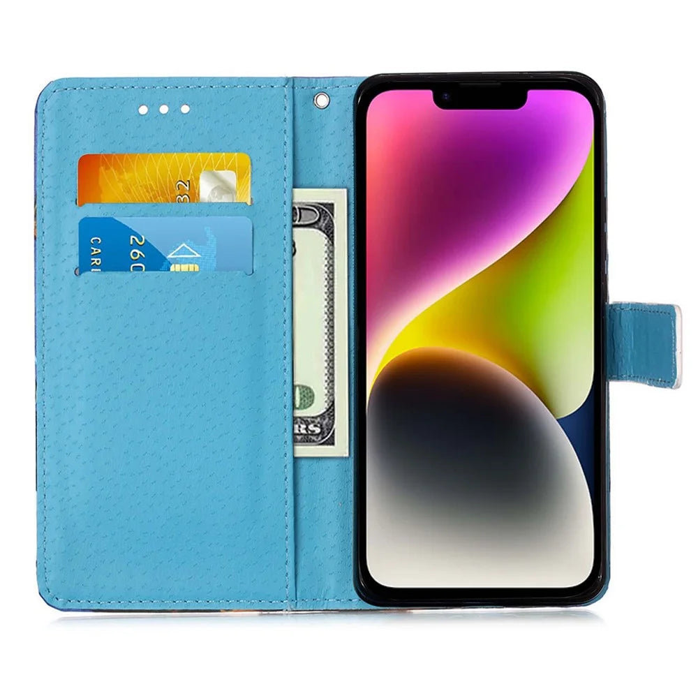 For iPhone 15 Leather Case with Strap and Card Holder Pattern Printing Phone Stand Cover - Butterfly and Heart - 2