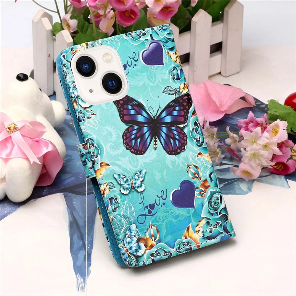For iPhone 15 Leather Case with Strap and Card Holder Pattern Printing Phone Stand Cover - Butterfly and Heart - 5