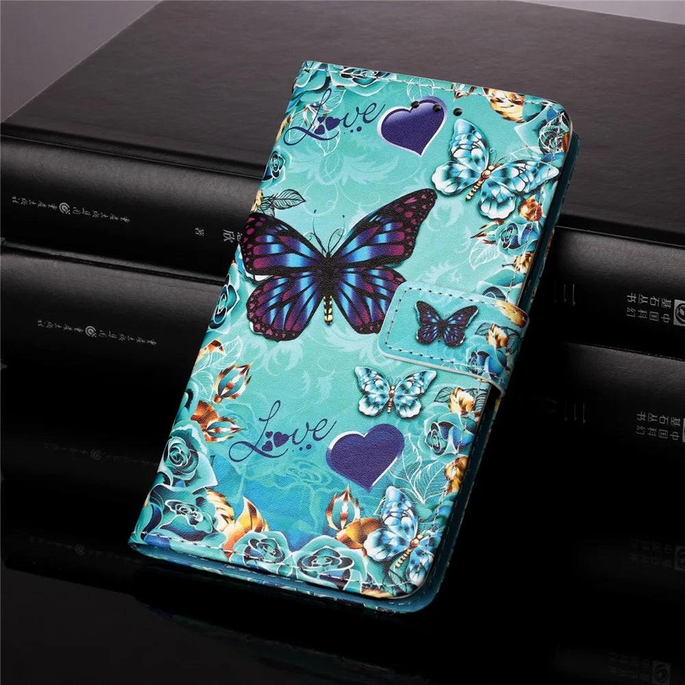 For iPhone 15 Leather Case with Strap and Card Holder Pattern Printing Phone Stand Cover - Butterfly and Heart - 6
