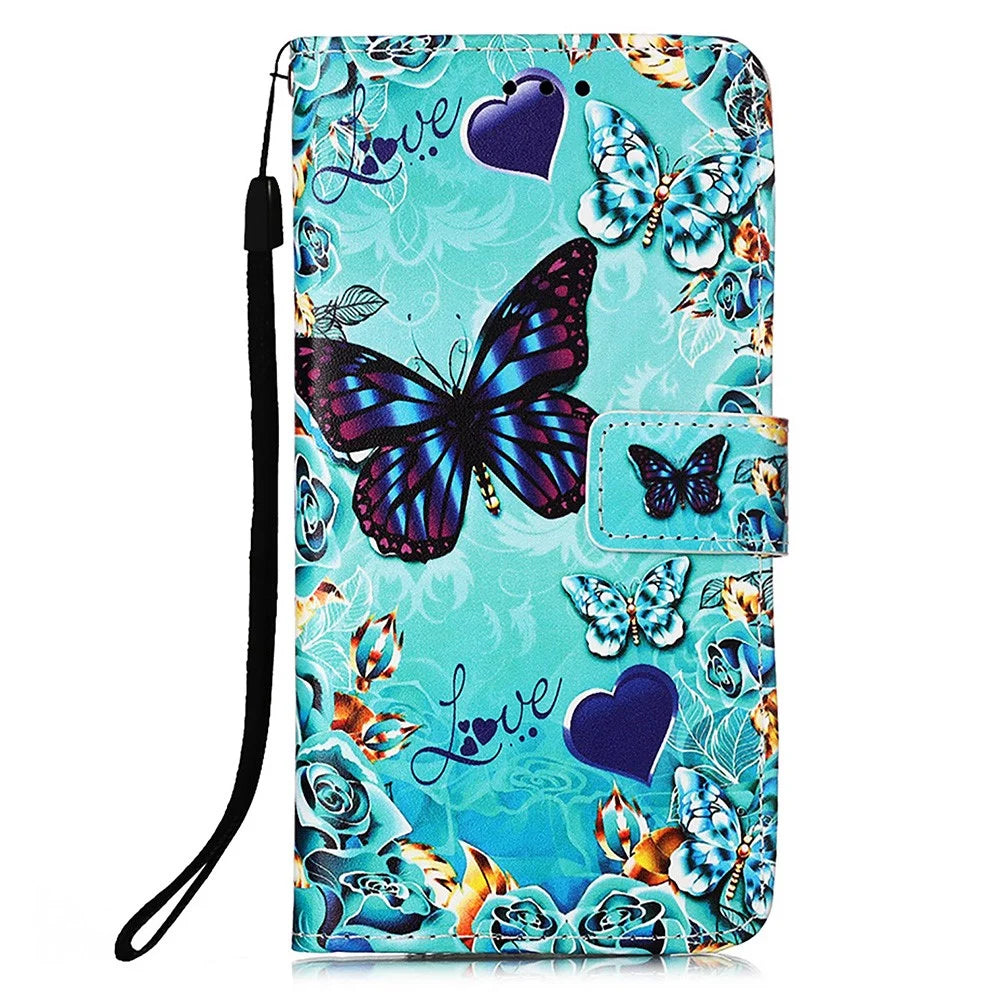For iPhone 15 Leather Case with Strap and Card Holder Pattern Printing Phone Stand Cover - Butterfly and Heart - 7
