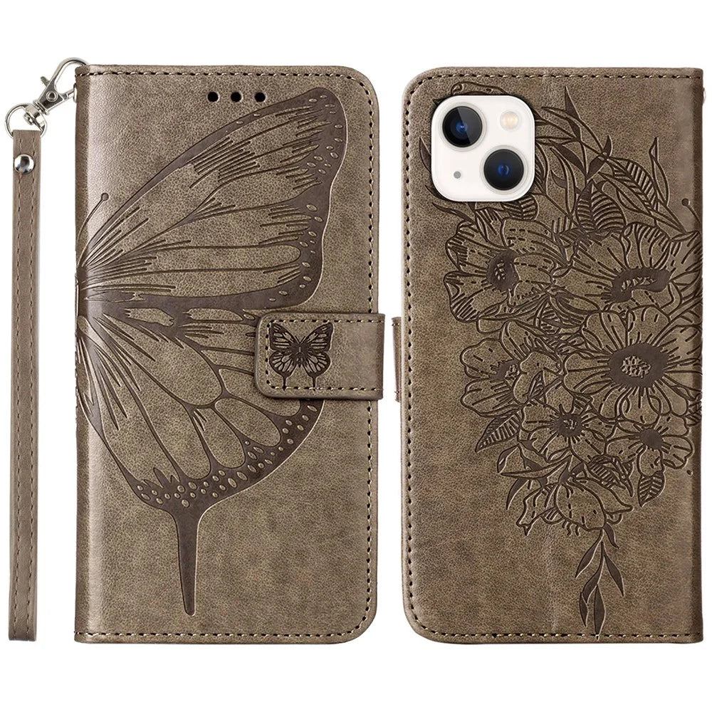 For iPhone 15 Wallet Case with Wrist Strap Butterfly Imprint Leather Phone Cover - Grey - 1
