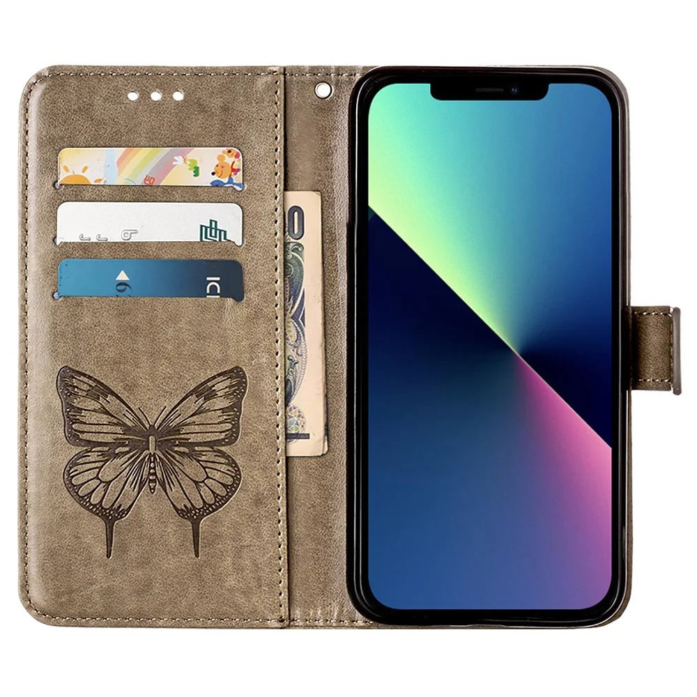 For iPhone 15 Wallet Case with Wrist Strap Butterfly Imprint Leather Phone Cover - Grey - 2