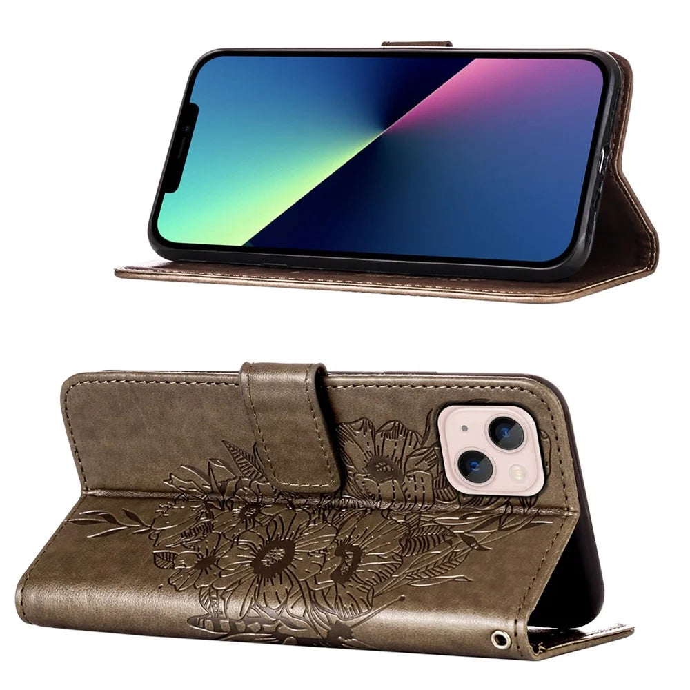 For iPhone 15 Wallet Case with Wrist Strap Butterfly Imprint Leather Phone Cover - Grey - 3