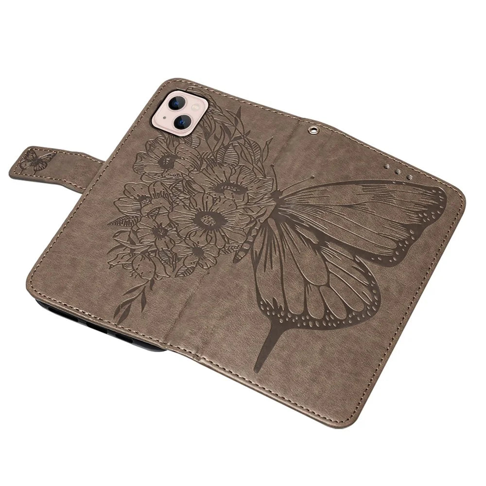 For iPhone 15 Wallet Case with Wrist Strap Butterfly Imprint Leather Phone Cover - Grey - 4