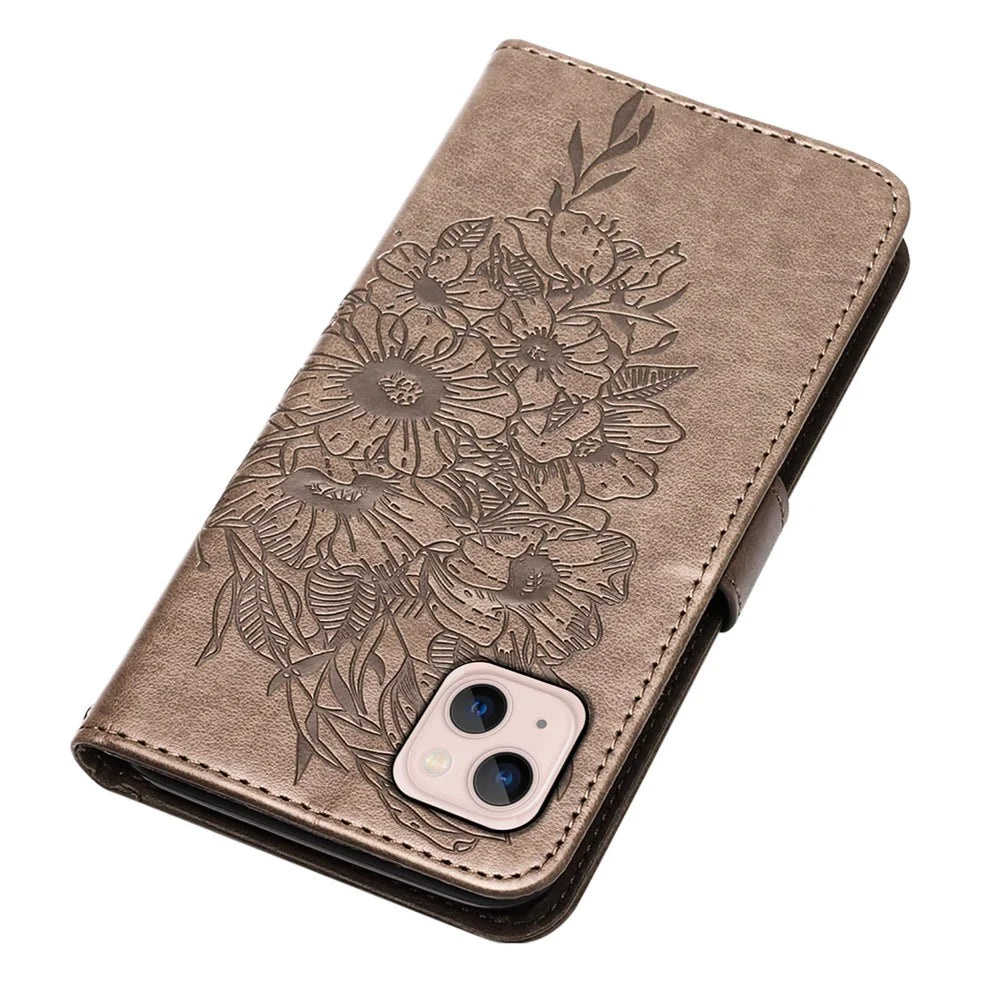 For iPhone 15 Wallet Case with Wrist Strap Butterfly Imprint Leather Phone Cover - Grey - 5