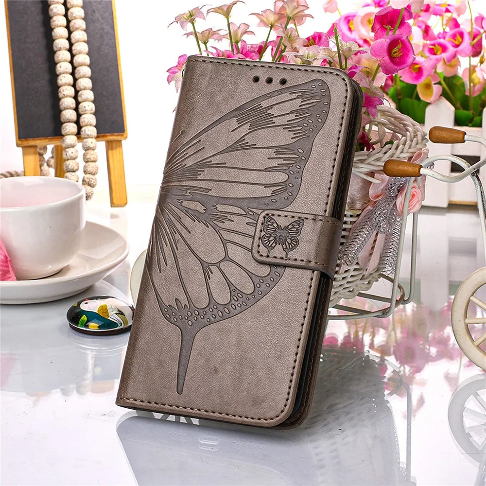 For iPhone 15 Wallet Case with Wrist Strap Butterfly Imprint Leather Phone Cover - Grey - 6