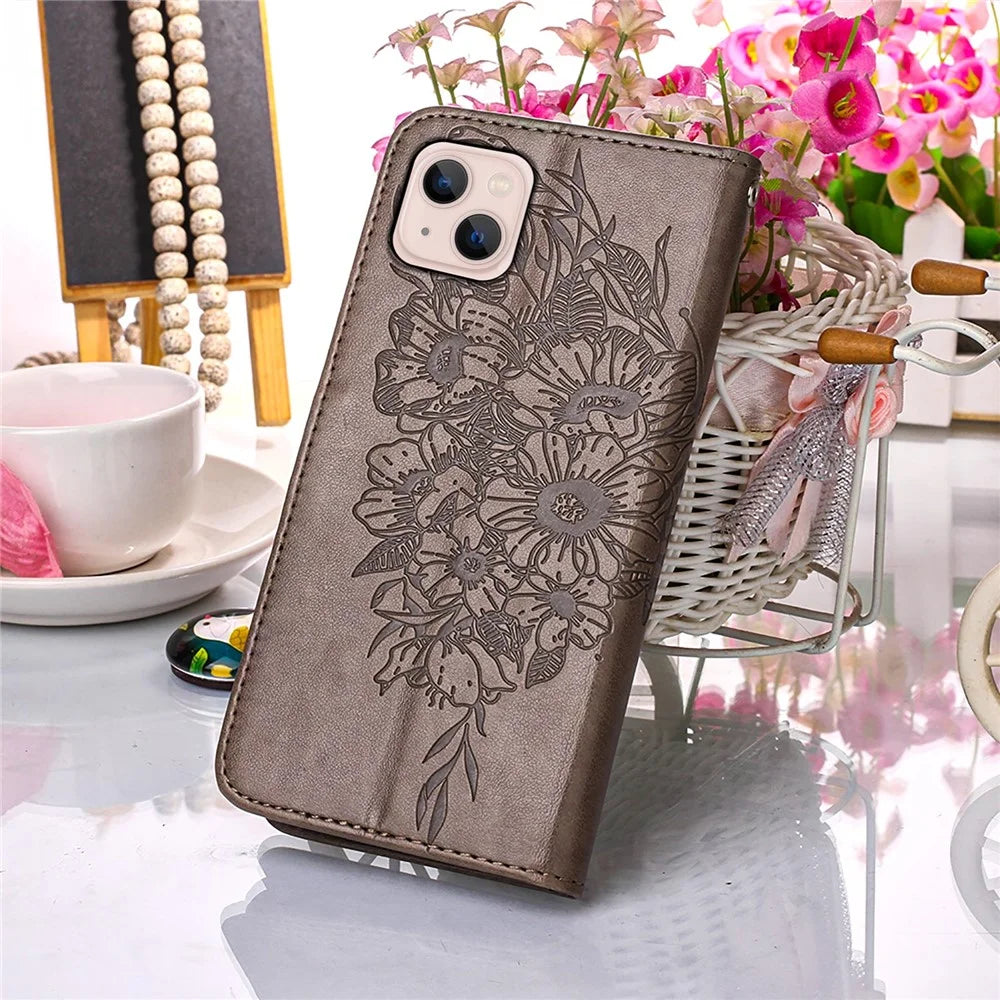 For iPhone 15 Wallet Case with Wrist Strap Butterfly Imprint Leather Phone Cover - Grey - 7