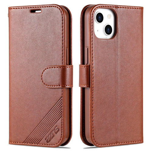 AZNS PU Leather Wallet Phone Case for iPhone 15 , Stand Phone Protective Cover - Brown - 1