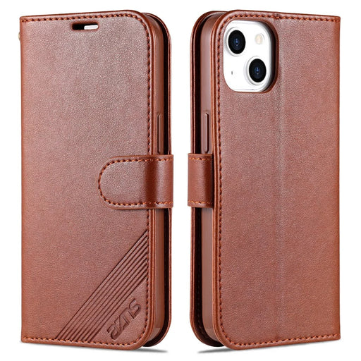 AZNS PU Leather Wallet Phone Case for iPhone 15 , Stand Phone Protective Cover - Brown - 1