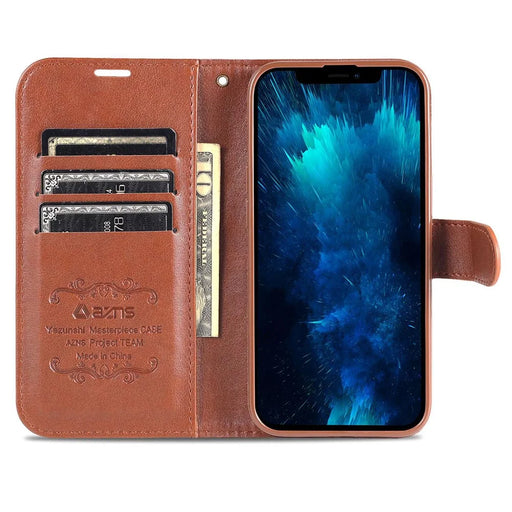 AZNS PU Leather Wallet Phone Case for iPhone 15 , Stand Phone Protective Cover - Brown - 2