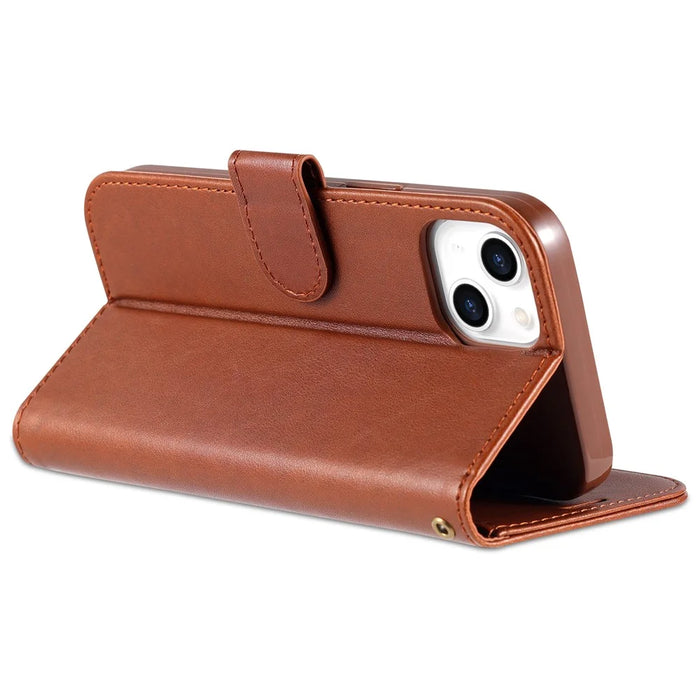 AZNS PU Leather Wallet Phone Case for iPhone 15 , Stand Phone Protective Cover - Brown - 4