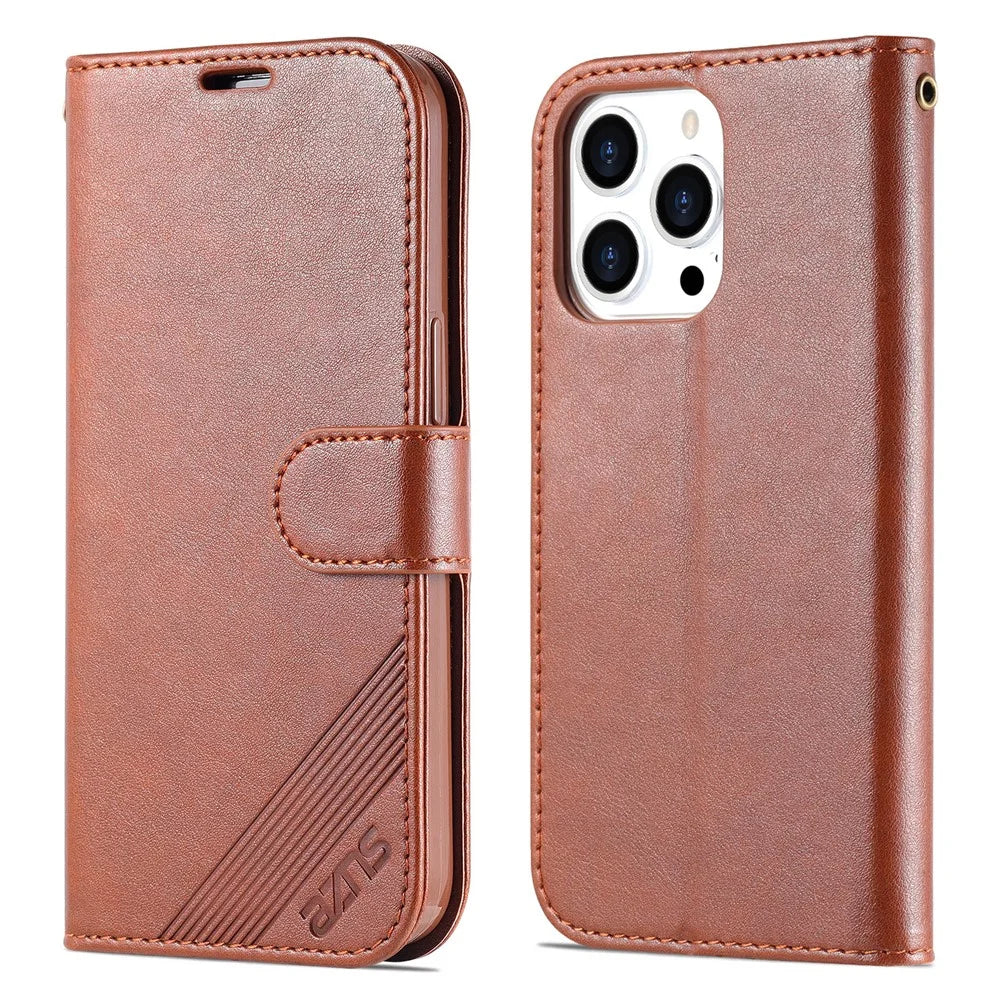 AZNS PU Leather Case for iPhone 15 Pro Max , Stand Wallet Drop-proof Phone Cover - Brown - 1