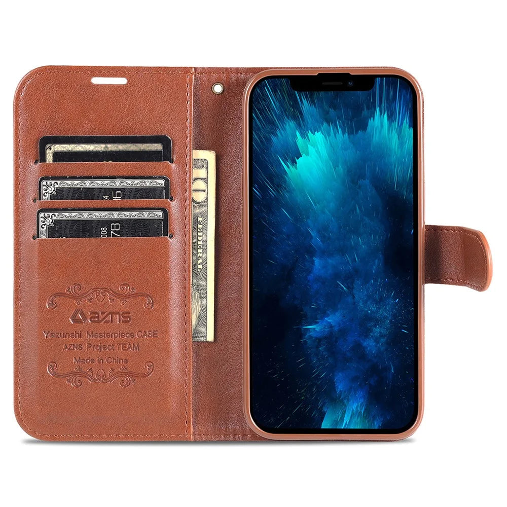 AZNS PU Leather Case for iPhone 15 Pro Max , Stand Wallet Drop-proof Phone Cover - Brown - 3