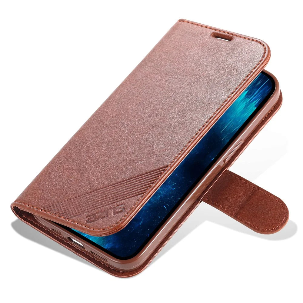 AZNS PU Leather Case for iPhone 15 Pro Max , Stand Wallet Drop-proof Phone Cover - Brown - 6