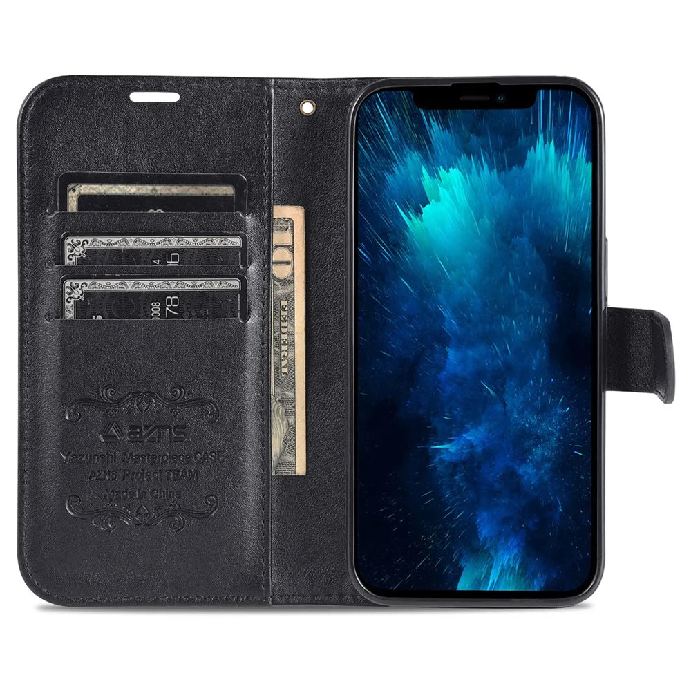 AZNS PU Leather Phone Cover for iPhone 15 Pro , Full Protection Phone Case with Stand Wallet - Black - 3