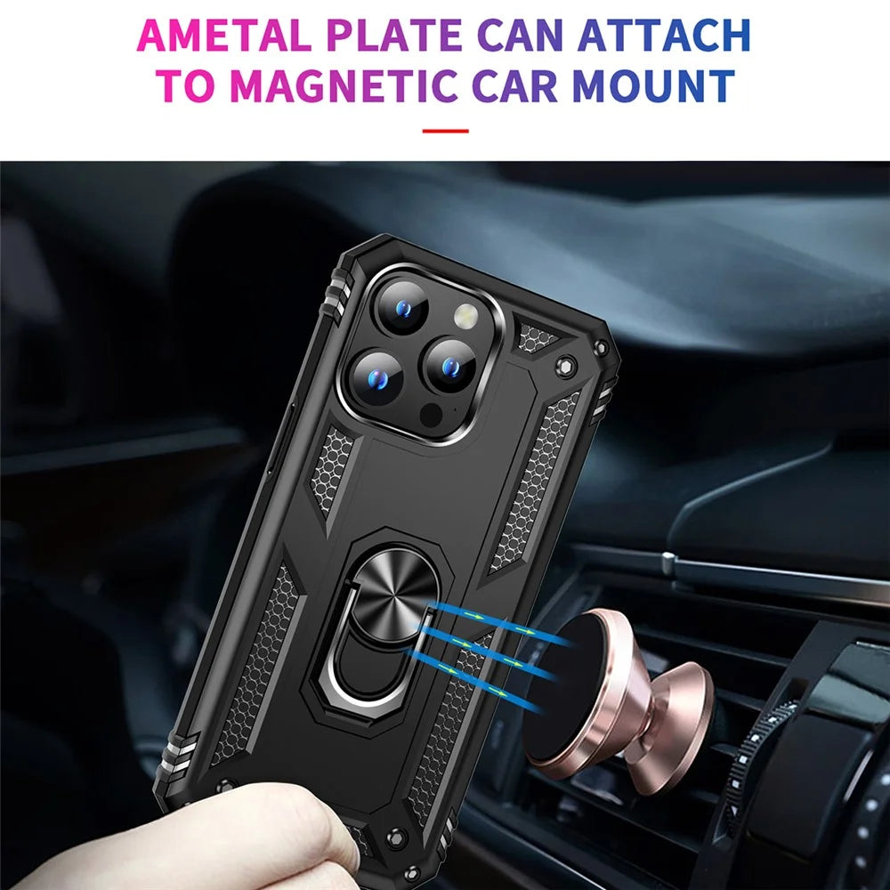 For iPhone 15 Pro Kickstand Phone Case PC+TPU Cover with Built-in Magnetic Holder Metal Sheet - Black - 2