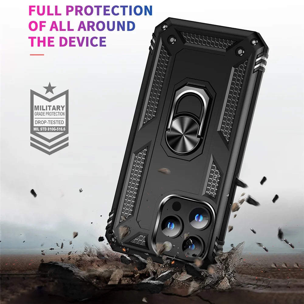 For iPhone 15 Pro Kickstand Phone Case PC+TPU Cover with Built-in Magnetic Holder Metal Sheet - Black - 4