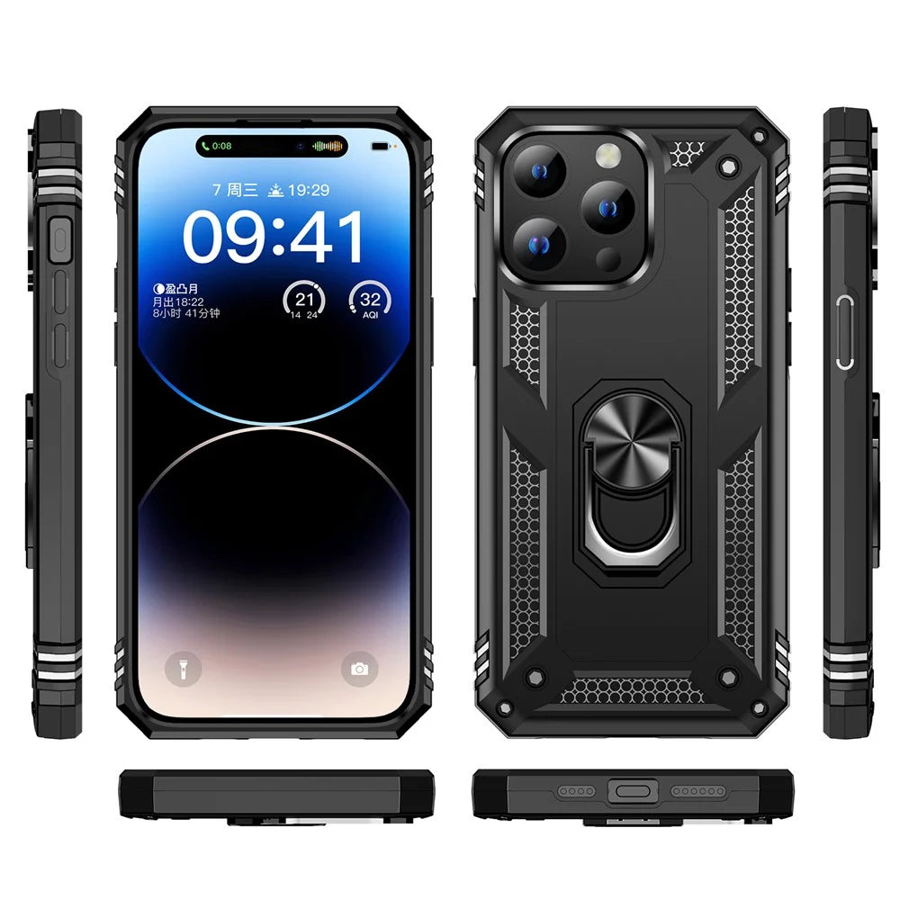 For iPhone 15 Pro Kickstand Phone Case PC+TPU Cover with Built-in Magnetic Holder Metal Sheet - Black - 7