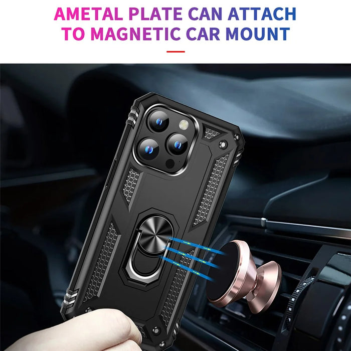 For iPhone 15 Pro Max Phone Case PC+TPU Kickstand Cover with Built-in Magnetic Holder Metal Sheet - Black - 2