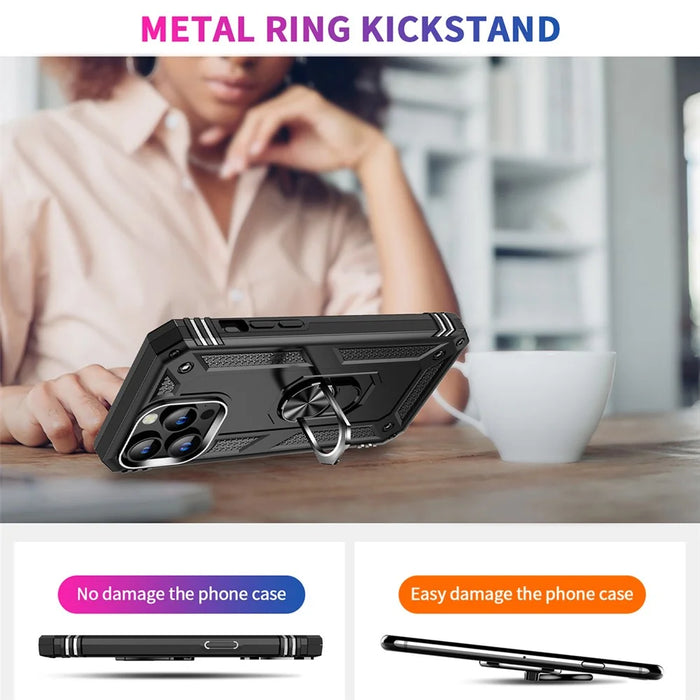 For iPhone 15 Pro Max Phone Case PC+TPU Kickstand Cover with Built-in Magnetic Holder Metal Sheet - Black - 3