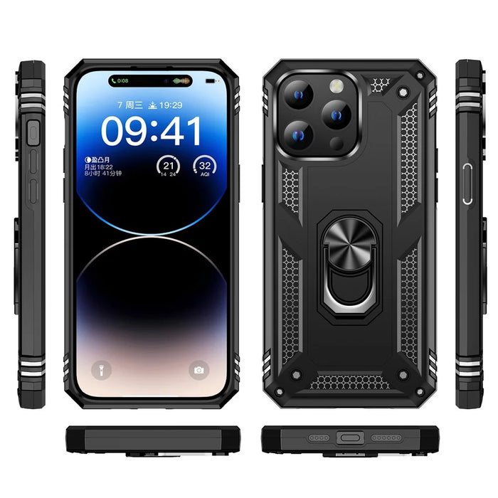 For iPhone 15 Pro Max Phone Case PC+TPU Kickstand Cover with Built-in Magnetic Holder Metal Sheet - Black - 7