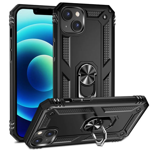 For iPhone 15 Plus Kickstand Phone Case PC+TPU Cover with Built-in Magnetic Holder Metal Sheet - Black - 1