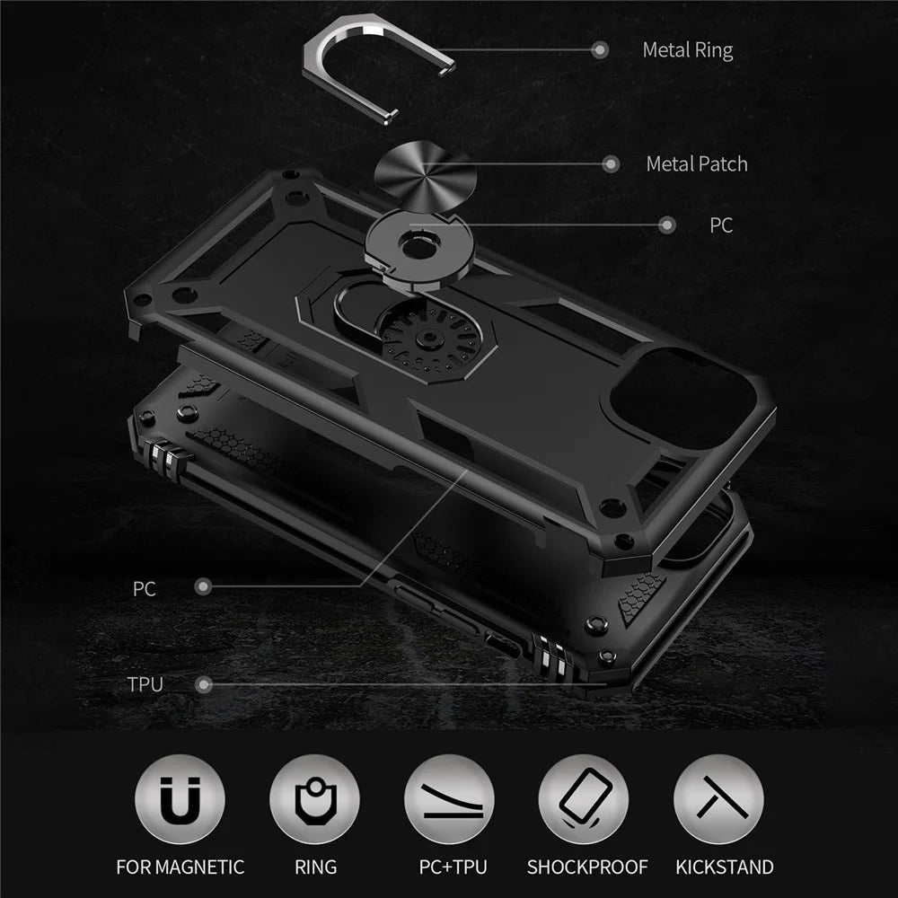 For iPhone 15 Plus Kickstand Phone Case PC+TPU Cover with Built-in Magnetic Holder Metal Sheet - Black - 4
