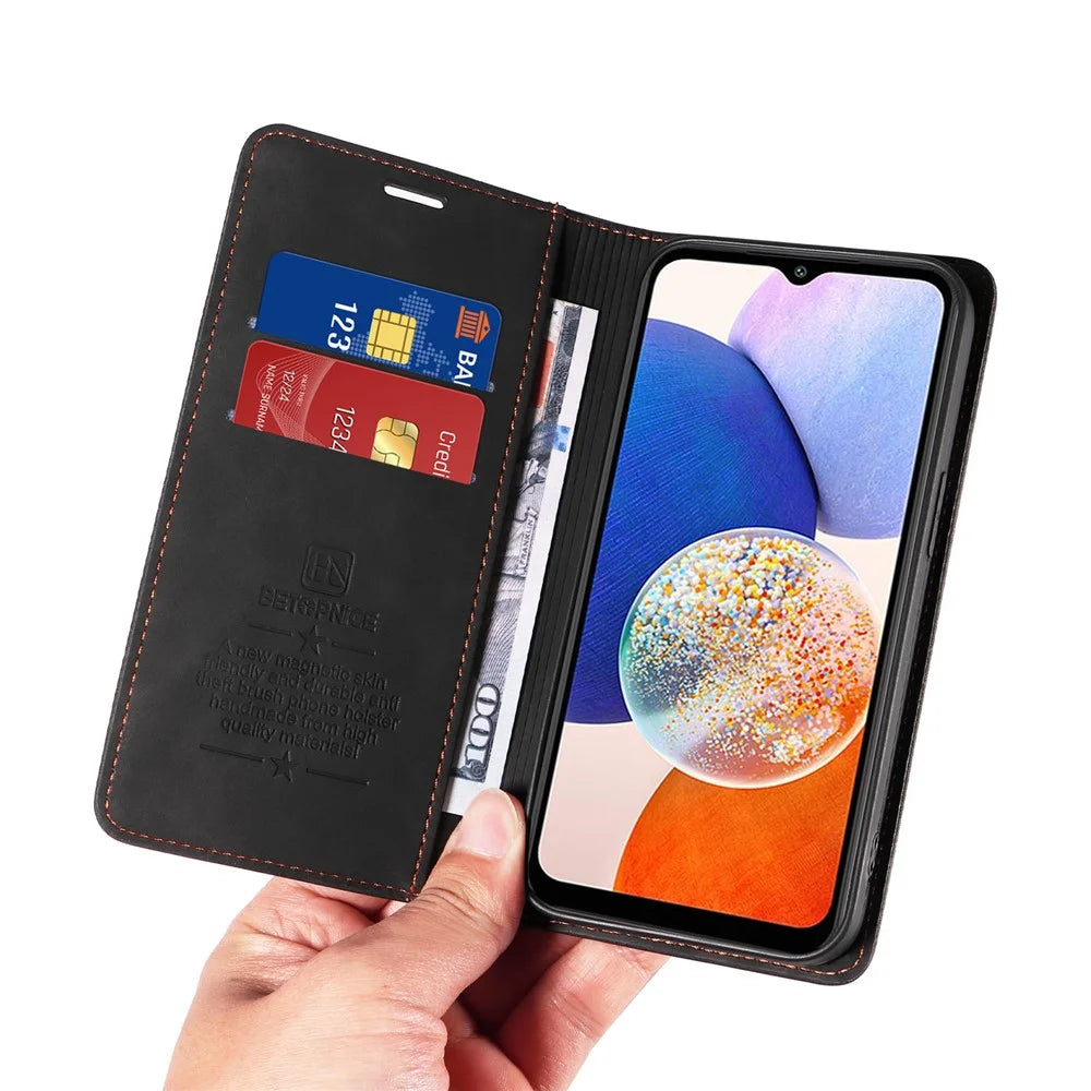 BETOPNICE 003 For Samsung Galaxy A14 4G / 5G Phone Stand Cover Shockproof Wallet RFID Blocking PU Leather Case - Black - 6