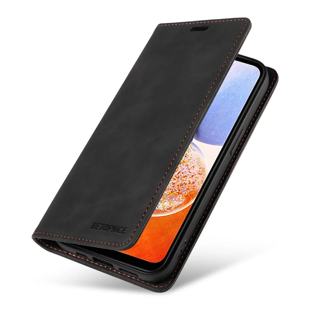 BETOPNICE 003 For Samsung Galaxy A14 4G / 5G Phone Stand Cover Shockproof Wallet RFID Blocking PU Leather Case - Black - 7