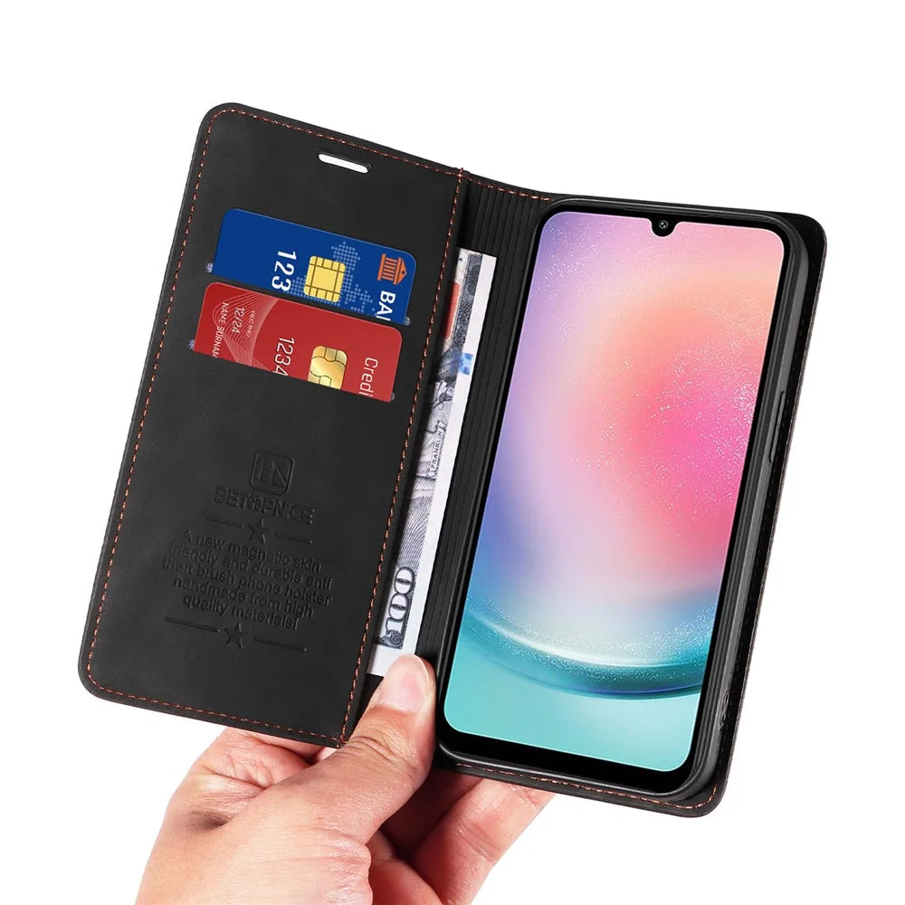 BETOPNICE 003 For Samsung Galaxy A24 4G (162.1 x 77.6 x 8.3mm) RFID Blocking PU Leather Stand Cover Shockproof Wallet Cell Phone Case - Black - 6