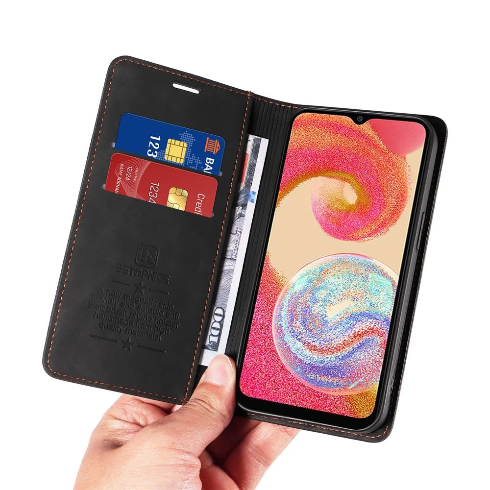 BETOPNICE 003 For Samsung Galaxy A04e 4G / F04 4G / M04 4G Wallet Cell Phone Case RFID Blocking PU Leather Stand Cover - Black - 6