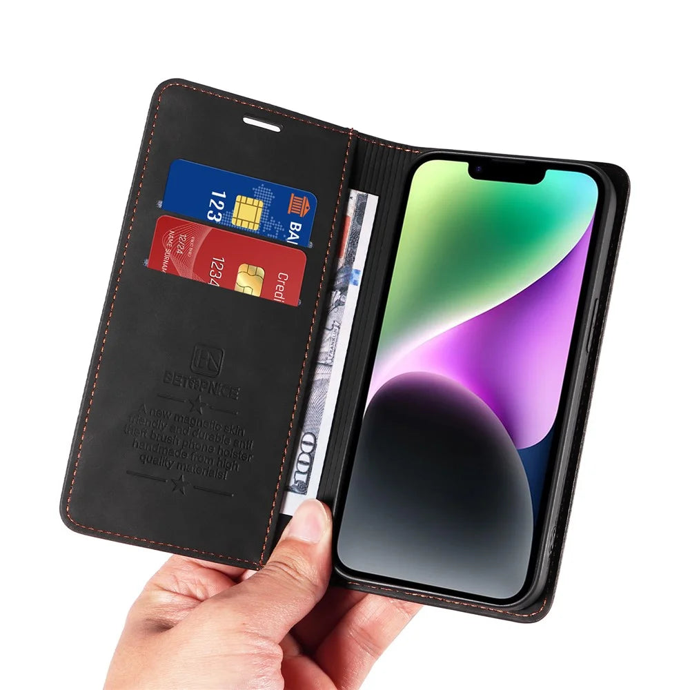 BETOPNICE 003 For iPhone 15 Plus PU Leather Stand Cover Anti-Scratch Wallet Phone Case with RFID Blocking Function - Black - 6