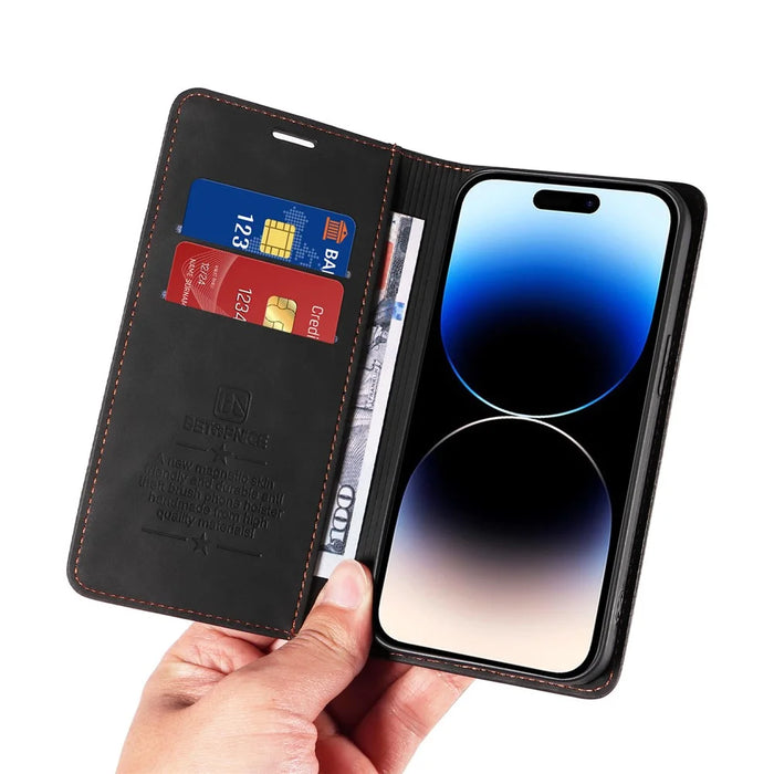 BETOPNICE 003 Shockproof Wallet Case For iPhone 14 Pro RFID Blocking PU Leather Stand Phone Cover - Black - 6