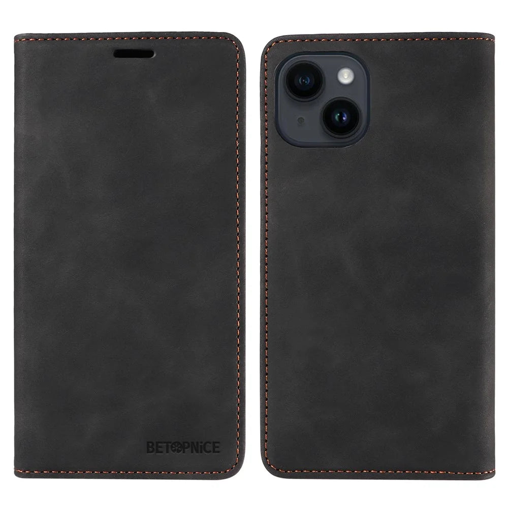 BETOPNICE 003 Phone Stand Cover For iPhone 13 / 14 , PU Leather RFID Blocking Wallet Phone Shell Case - Black - 1