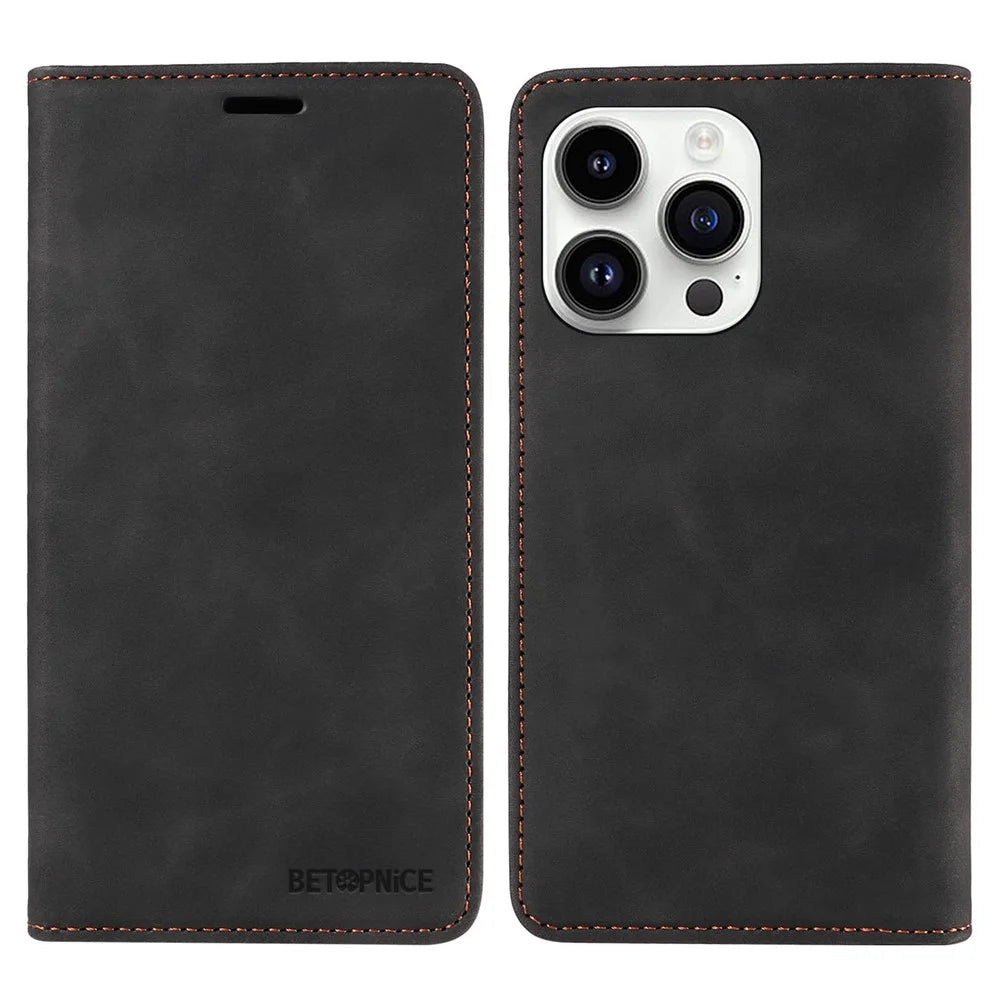 BETOPNICE 003 For iPhone 15 Pro Slim-Fit Cover RFID Blocking Wallet Phone PU Leather Stand Shell - Black - 1