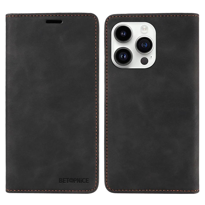 BETOPNICE 003 For iPhone 15 Pro Slim-Fit Cover RFID Blocking Wallet Phone PU Leather Stand Shell - Black - 1