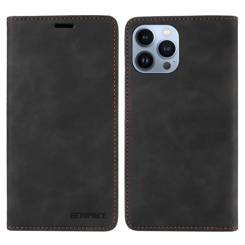 BETOPNICE 003 Magnetic Absorbed Phone Case for iPhone 13 Pro , RFID Blocking Wallet PU Leather Stand Cover - Black - 1