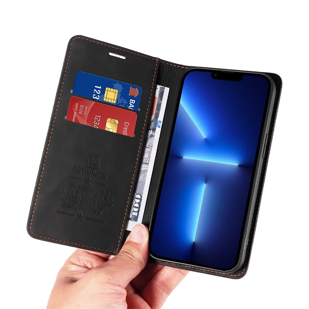 BETOPNICE 003 Wallet Phone Shell  For iPhone 13 Pro Max , PU Leather Stand Cover RFID Blocking Phone Case - Black - 6