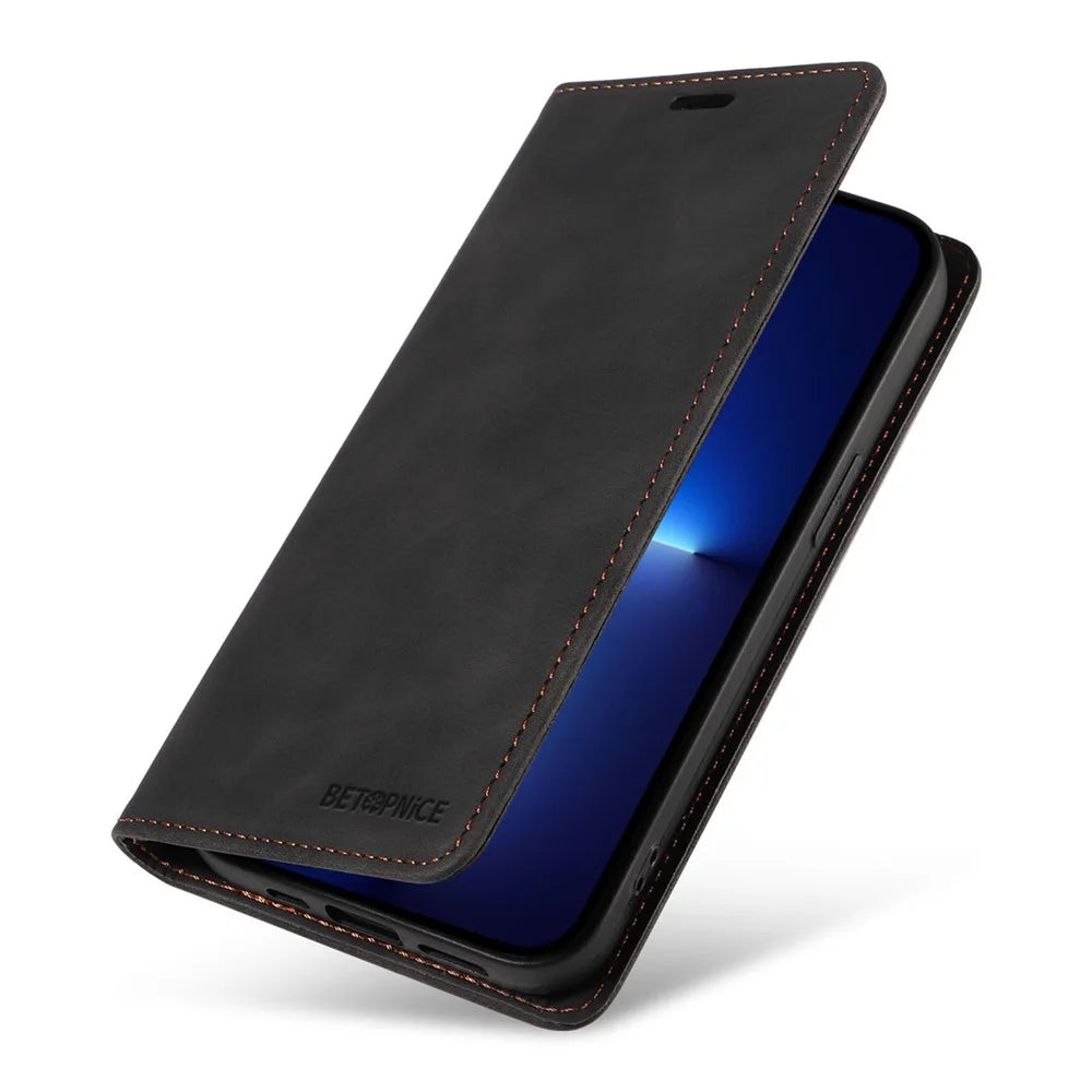 BETOPNICE 003 Wallet Phone Shell  For iPhone 13 Pro Max , PU Leather Stand Cover RFID Blocking Phone Case - Black - 7