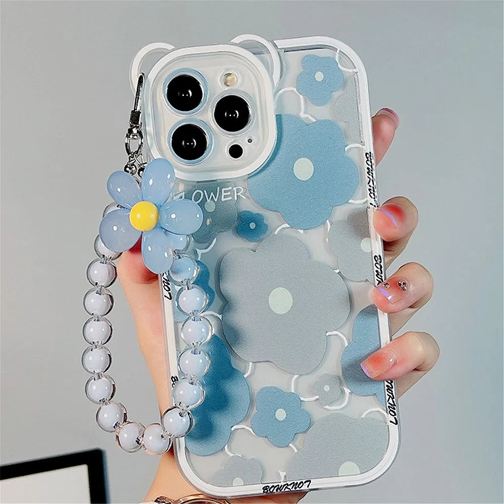 TPU Phone Case for iPhone 14 Pro , Bear Ear Decor Cell Phone Shell Flower Pattern Cover with Bead Strap - 1