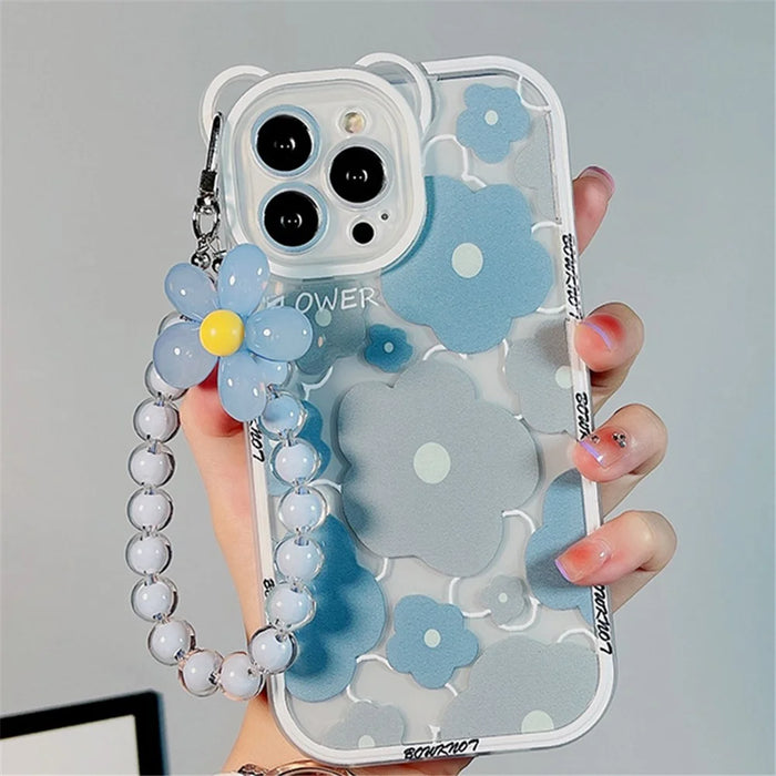 TPU Phone Case for iPhone 14 Pro , Bear Ear Decor Cell Phone Shell Flower Pattern Cover with Bead Strap - 1