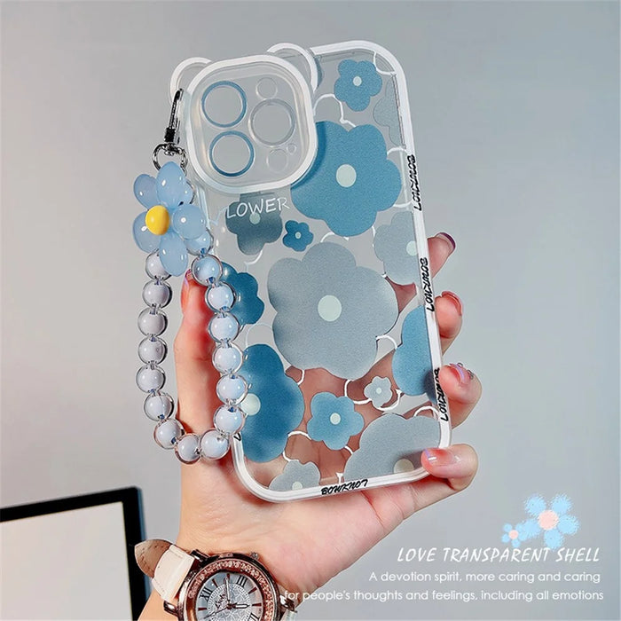 TPU Phone Case for iPhone 14 Pro , Bear Ear Decor Cell Phone Shell Flower Pattern Cover with Bead Strap - 2