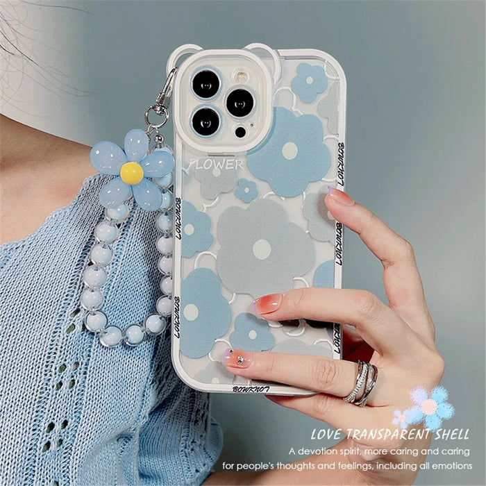 TPU Phone Case for iPhone 14 Pro , Bear Ear Decor Cell Phone Shell Flower Pattern Cover with Bead Strap - 3